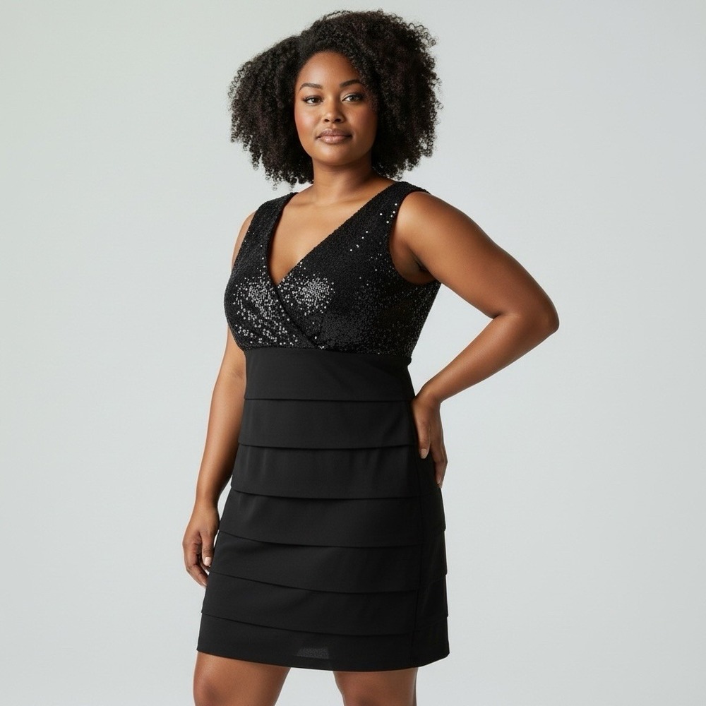 Bisou Bisou Black Body Con Sequin Evening Party Dress Size 20W‎ Sexy Flattering